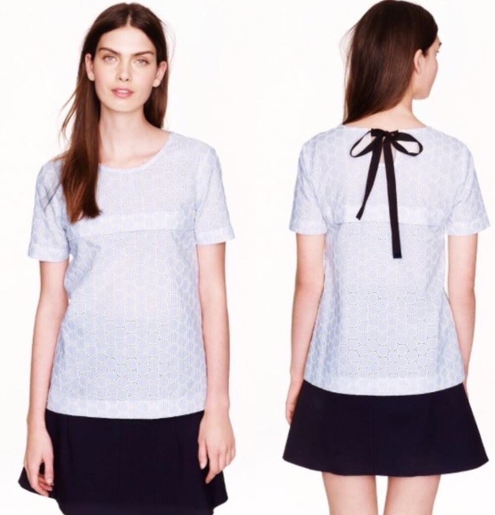 J. Crew Seersucker Eyelet Cotton Top Blue Ribbon Tie Crochet A2612 Size 00